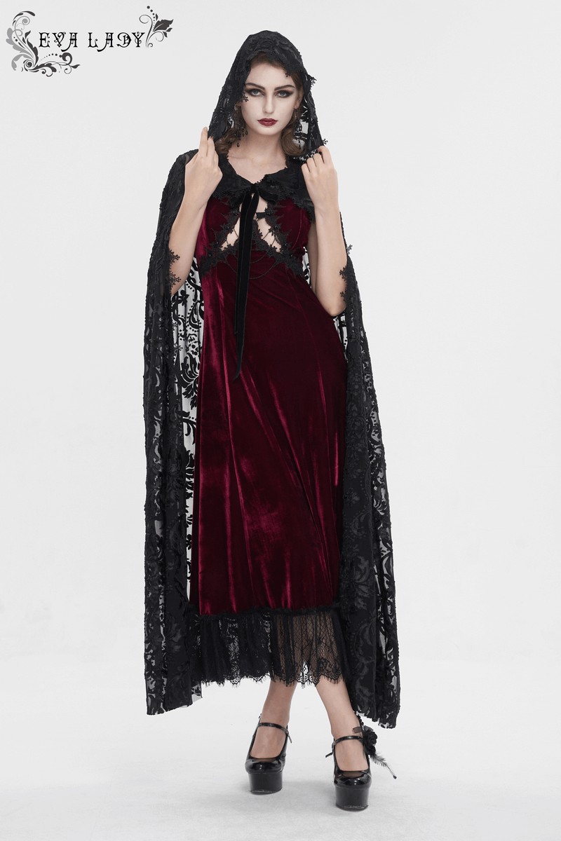 Gothic Embroidery Loose Cape WIth Hood / Long Lace Coat With Tie On Front - HARD'N'HEAVY