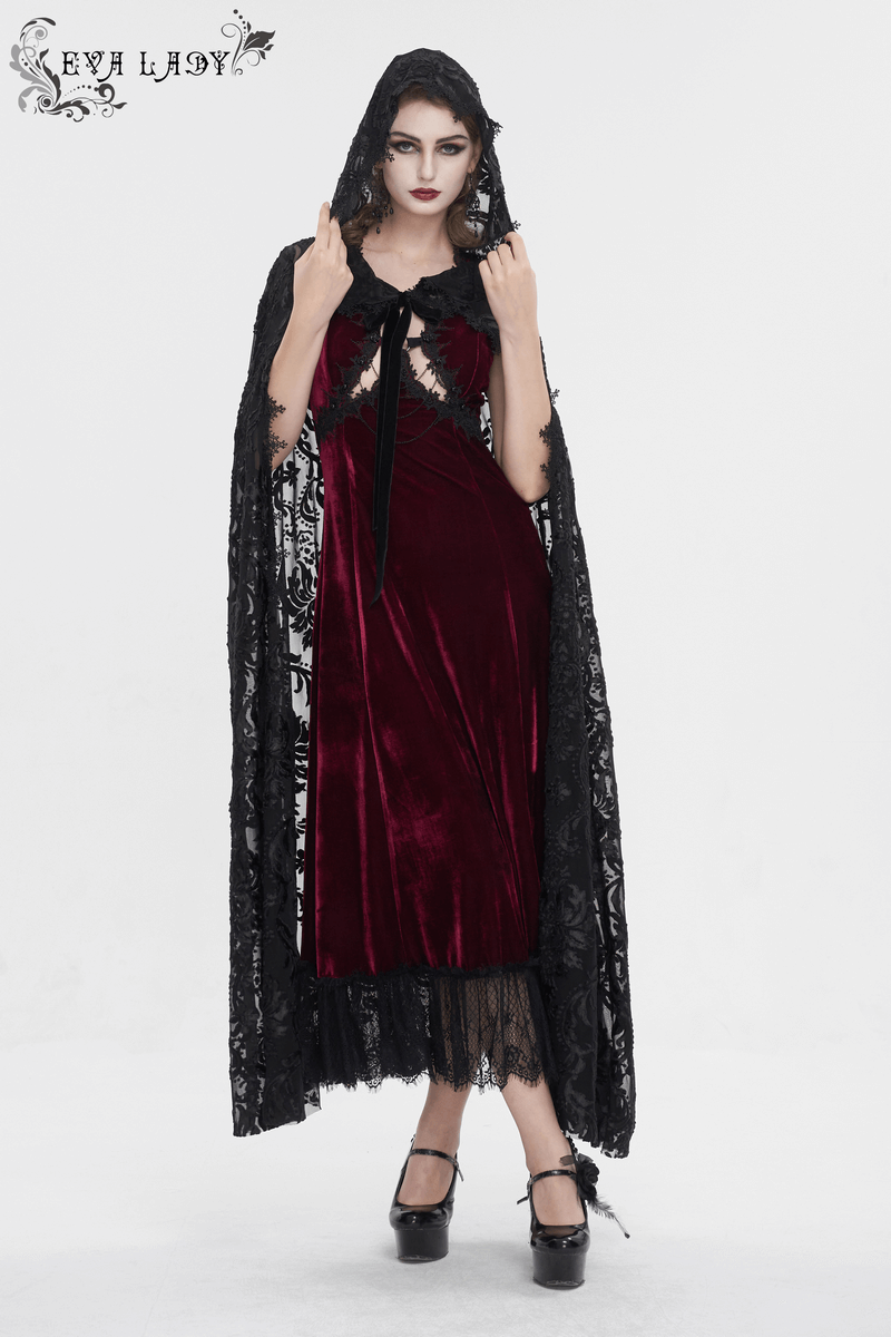 Gothic embroidery loose cape with hood, showcasing dark elegance in lace and rich velvet for a fashionable look.