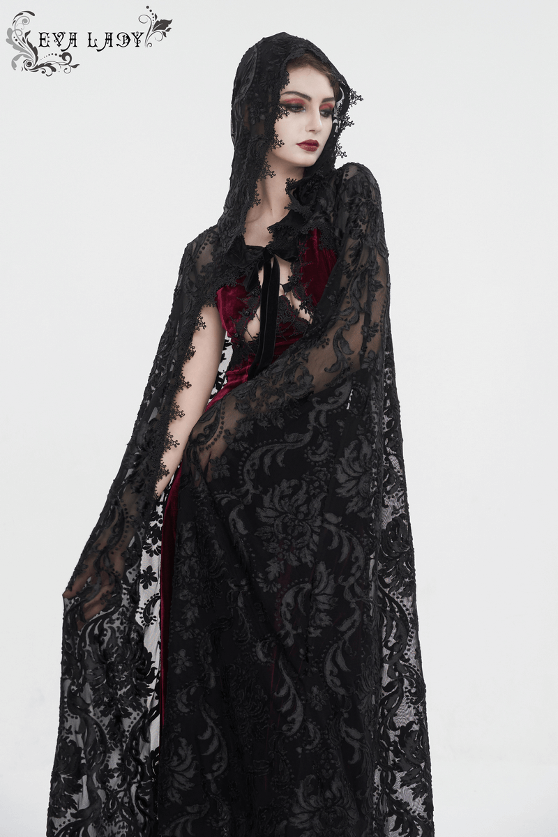 Gothic embroidered loose cape with hood, showcasing intricate lace and dark elegance in a fashionable design.