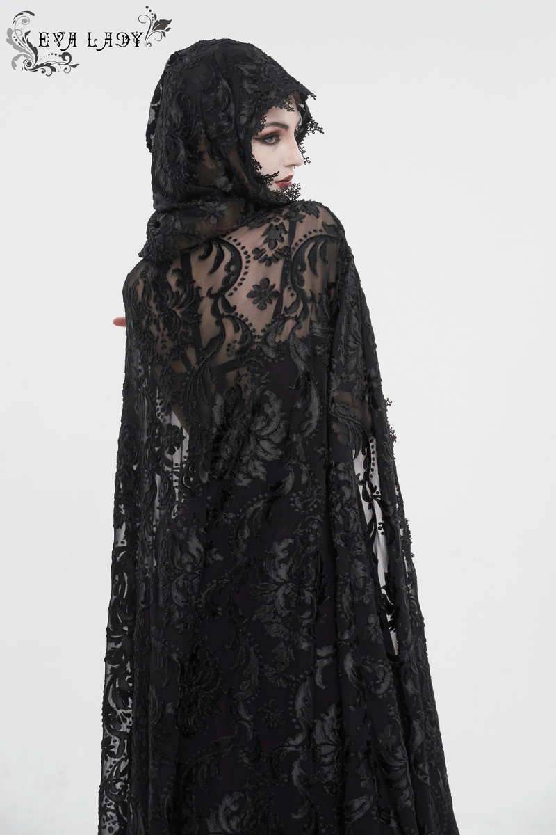 Elegant women's gothic embroidery hooded cape showcasing intricate lace details and dark elegance.