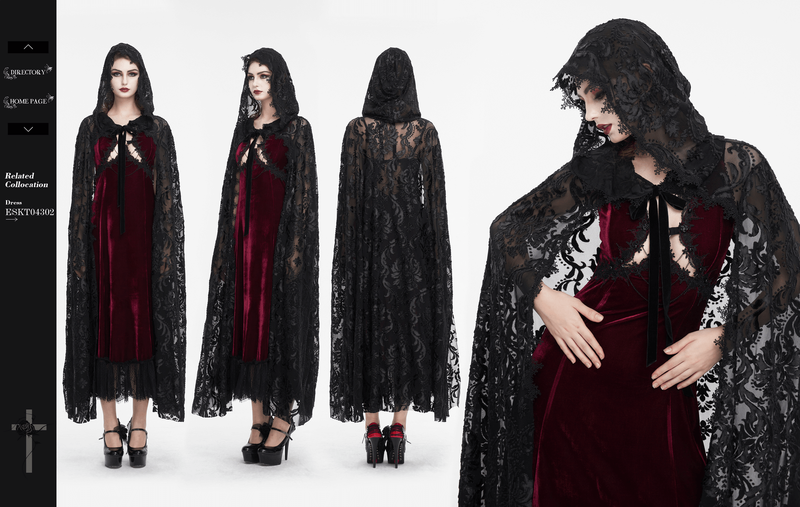 Gothic embroidery loose cape with hood, featuring intricate lace and tie front, perfect for dark elegance and style.