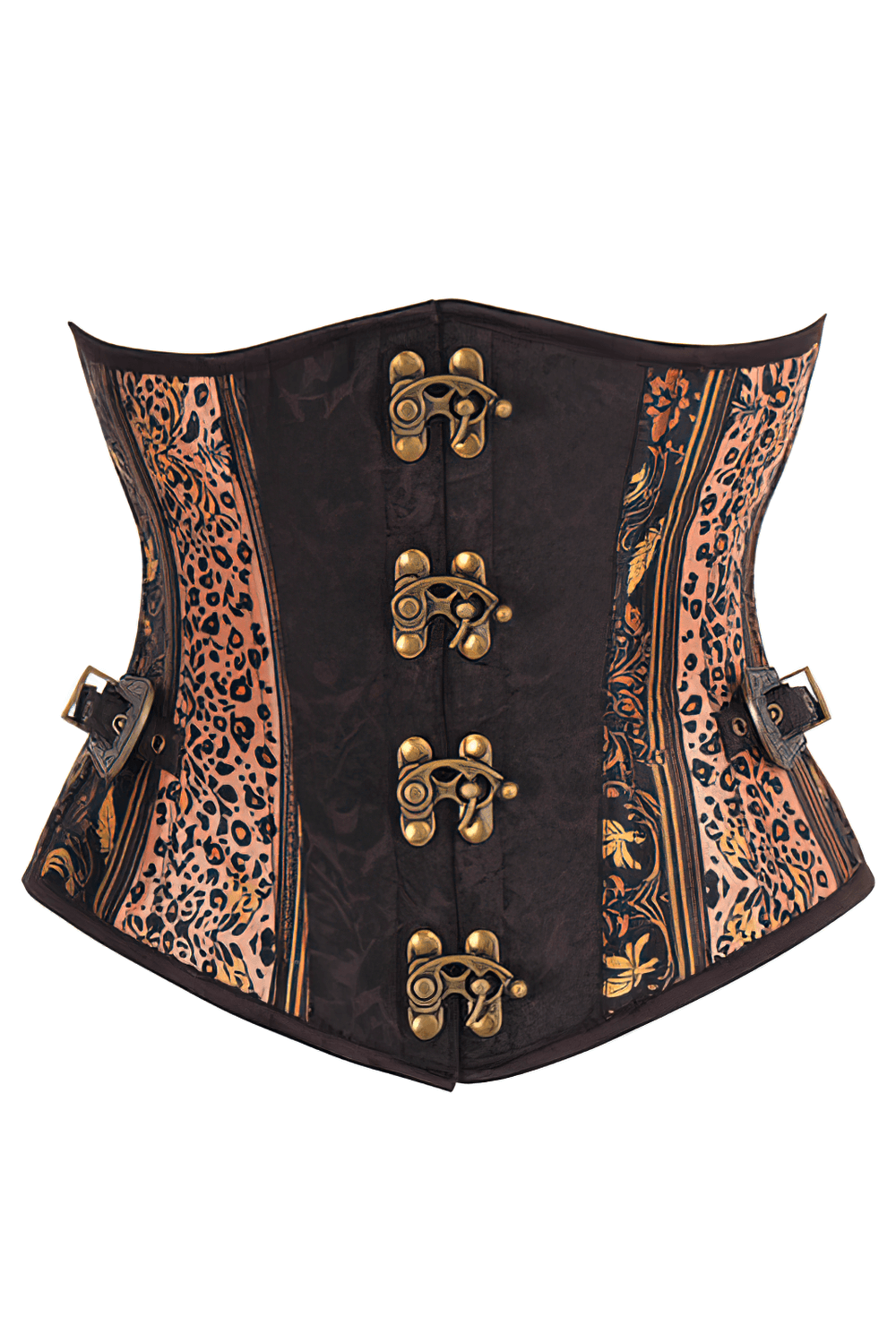 Gothic Enchantment Underbust Corset with lace-up detail and leopard print design, featuring steel boning and front clasp.