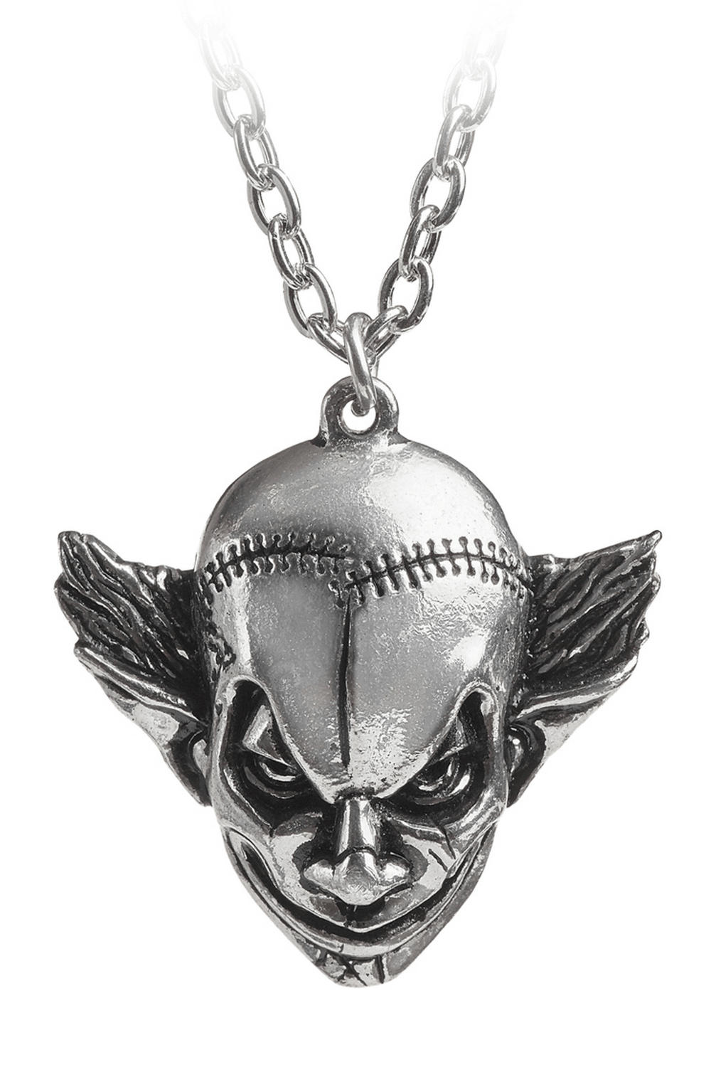 Gothic Evil Clown Pendant Necklace in Fine English Pewter showcasing a sinister clown face with stitched details.
