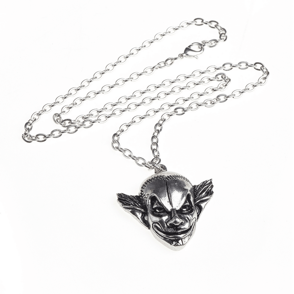 Gothic Evil Clown Pendant Necklace in Fine English Pewter featuring a sinister 3D sculpted clown head.
