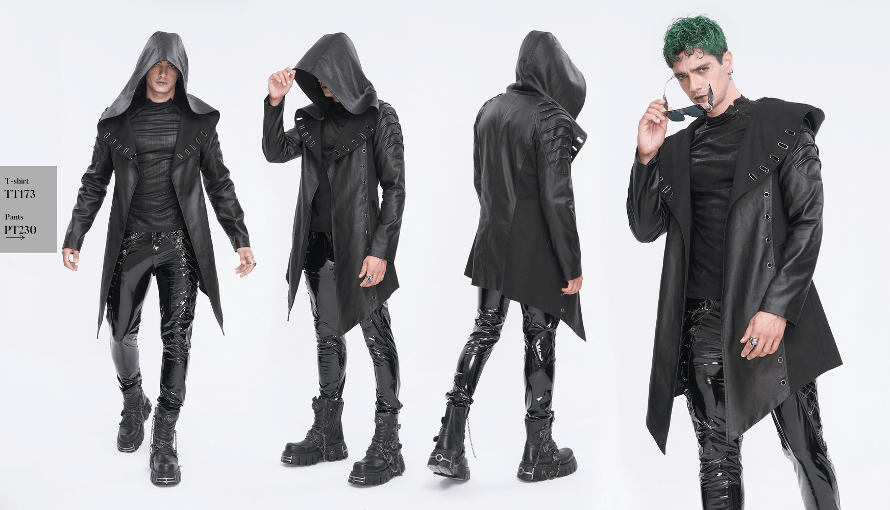 Men's gothic black irregular hooded coat with eyelets, showcasing a stylish asymmetrical design.