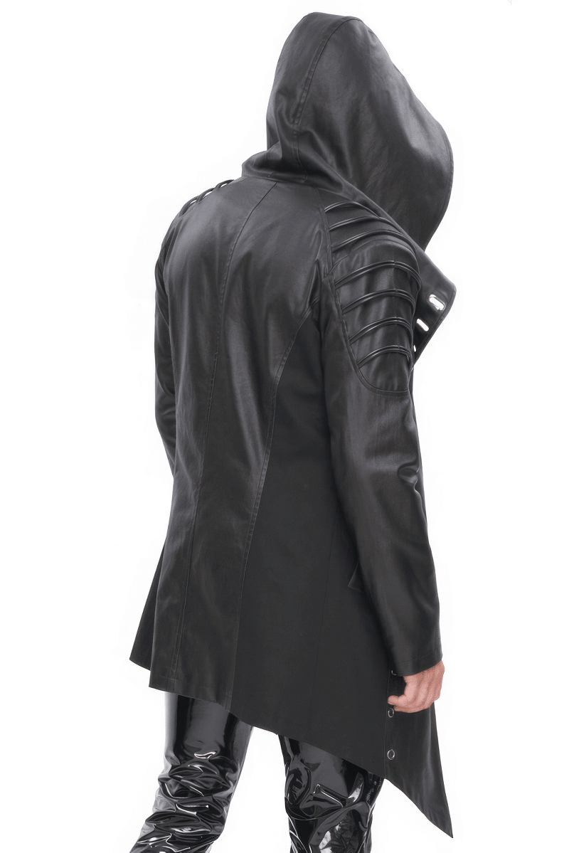 Men's gothic black irregular hooded coat featuring eyelets and asymmetrical design from the back.