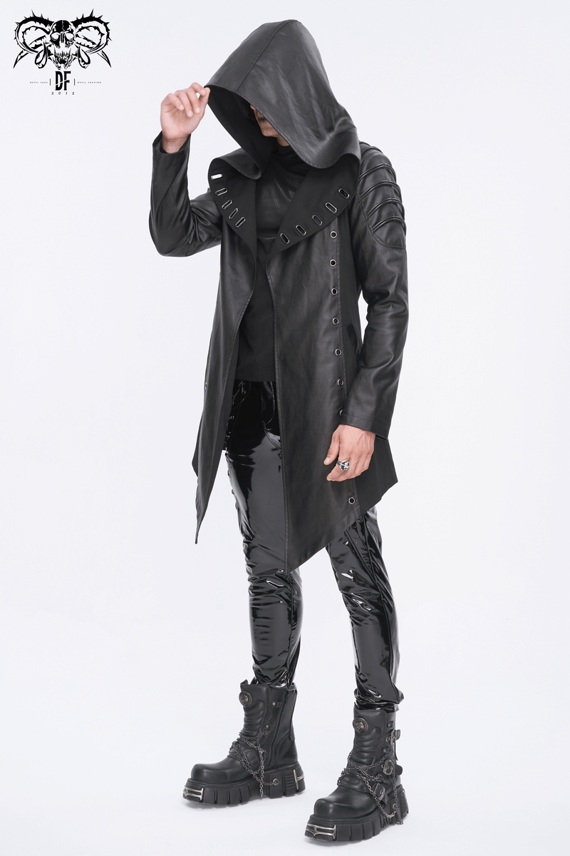 Gothic black irregular hooded coat with eyelets, striking asymmetrical design, paired with glossy pants and bold boots.
