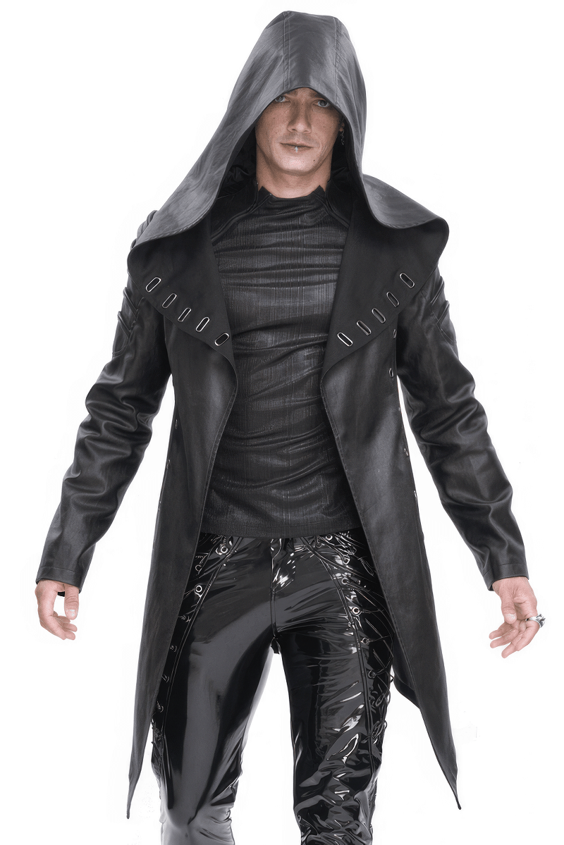 Gothic black irregular hooded coat with eyelets, exuding modern gothic style and mystique on a male model.