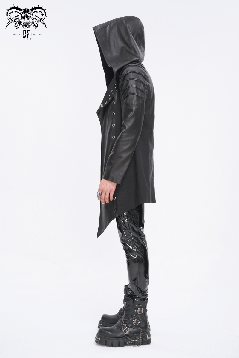Gothic black irregular hooded coat with eyelets, showcasing a stylish side view and asymmetrical design.