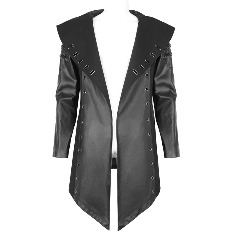 Gothic fashion black irregular hooded coat with eyelets, showcasing modern style and unique design.