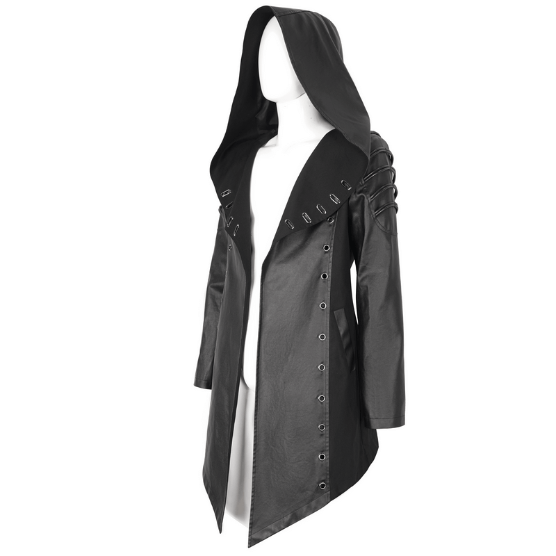 Gothic black irregular hooded coat featuring eyelets, perfect for modern gothic fashion enthusiasts.