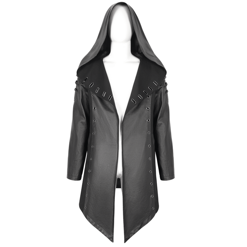Gothic black irregular hooded coat with eyelets, perfect for adding a mysterious flair to your wardrobe.