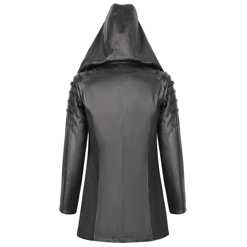 Back view of a gothic black irregular hooded coat with eyelets, showcasing its unique design and stylish hood.