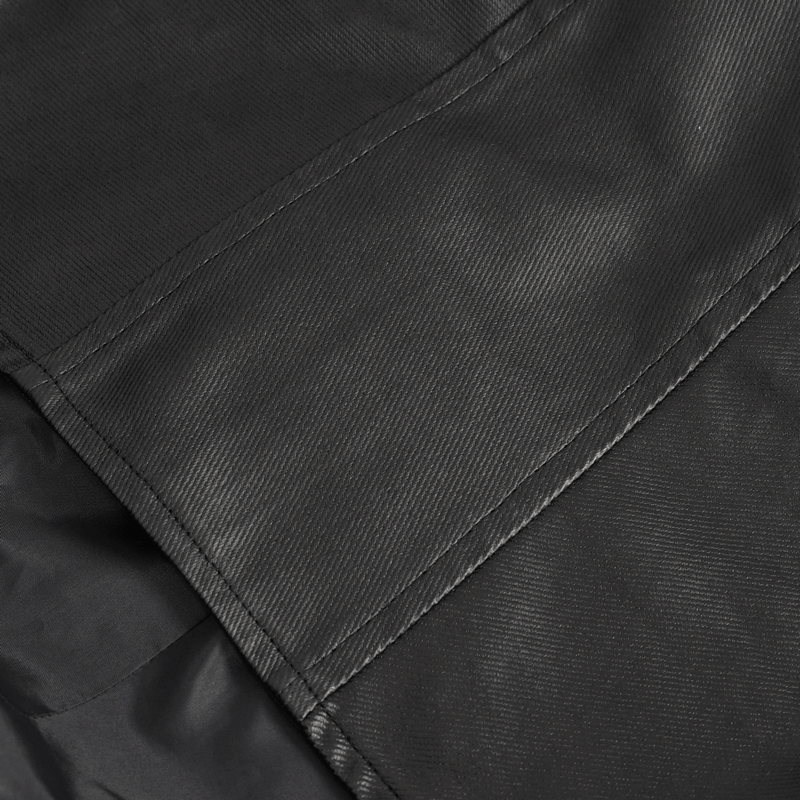 Close-up of the textured fabric of a gothic black irregular hooded coat, showcasing sleek lines and rich detail.