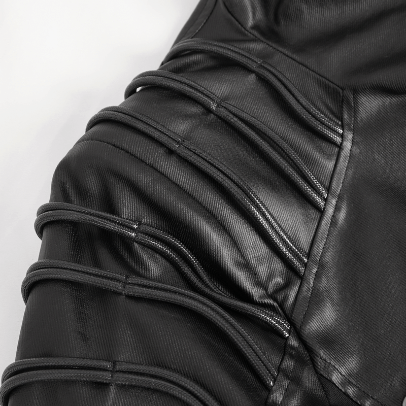 Detail view of black gothic coat showing eyelets and textured fabric for a stylish, modern gothic look.