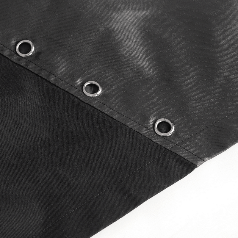 Close-up of eyelets on a gothic black irregular hooded coat showcasing unique design.
