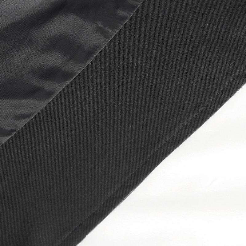 Close-up of gothic black fabric textures showcasing the unique design of a stylish uneven hooded coat.