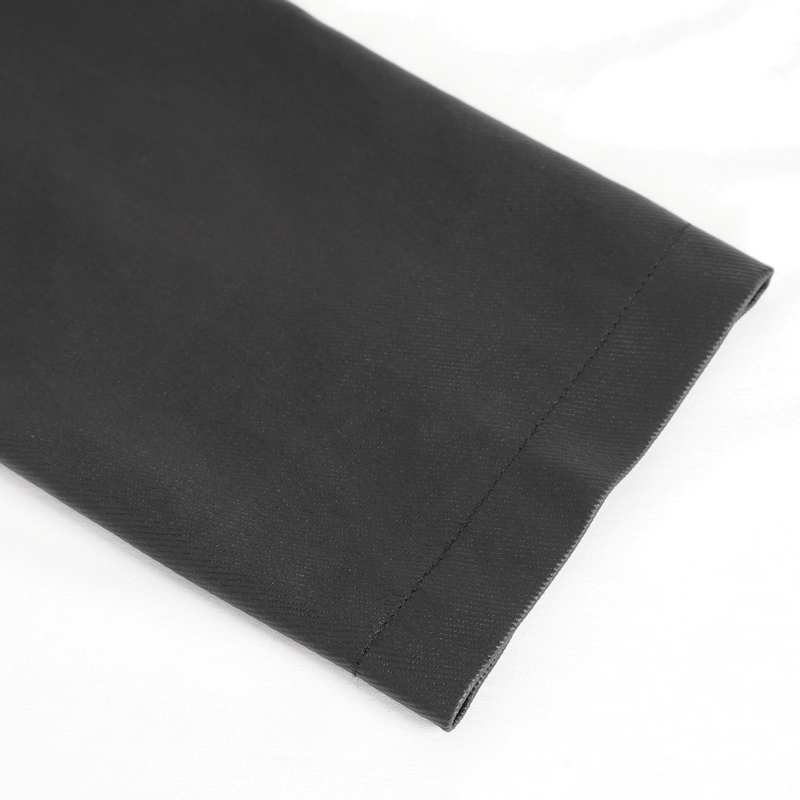 Close-up of the hem of a Gothic black irregular hooded coat, showcasing its stylish black fabric and clean finish.