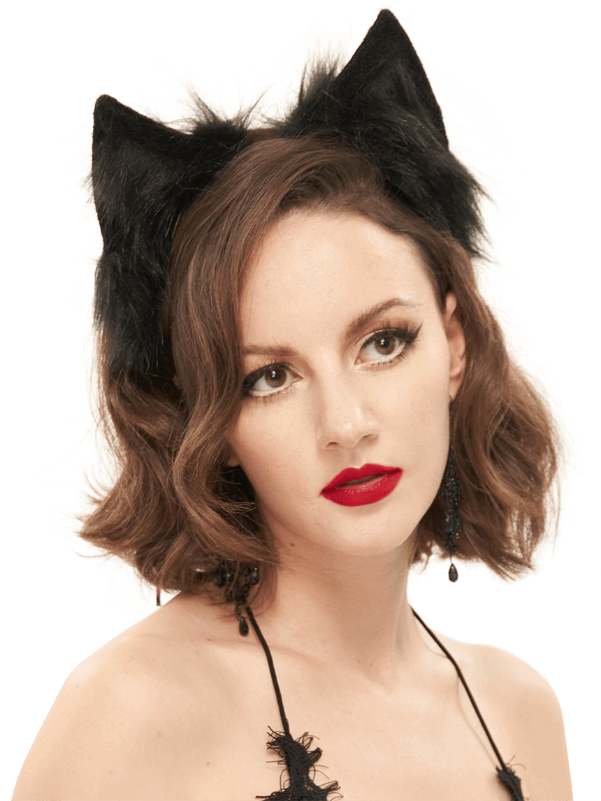 Gothic faux fur cat ears headdress on a woman, adding a chic touch to her look with black fur and bold red lips.
