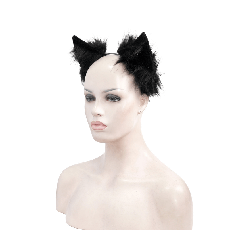 Gothic black faux fur cat ears headdress on a mannequin, perfect sexy accessory for women's outfits.