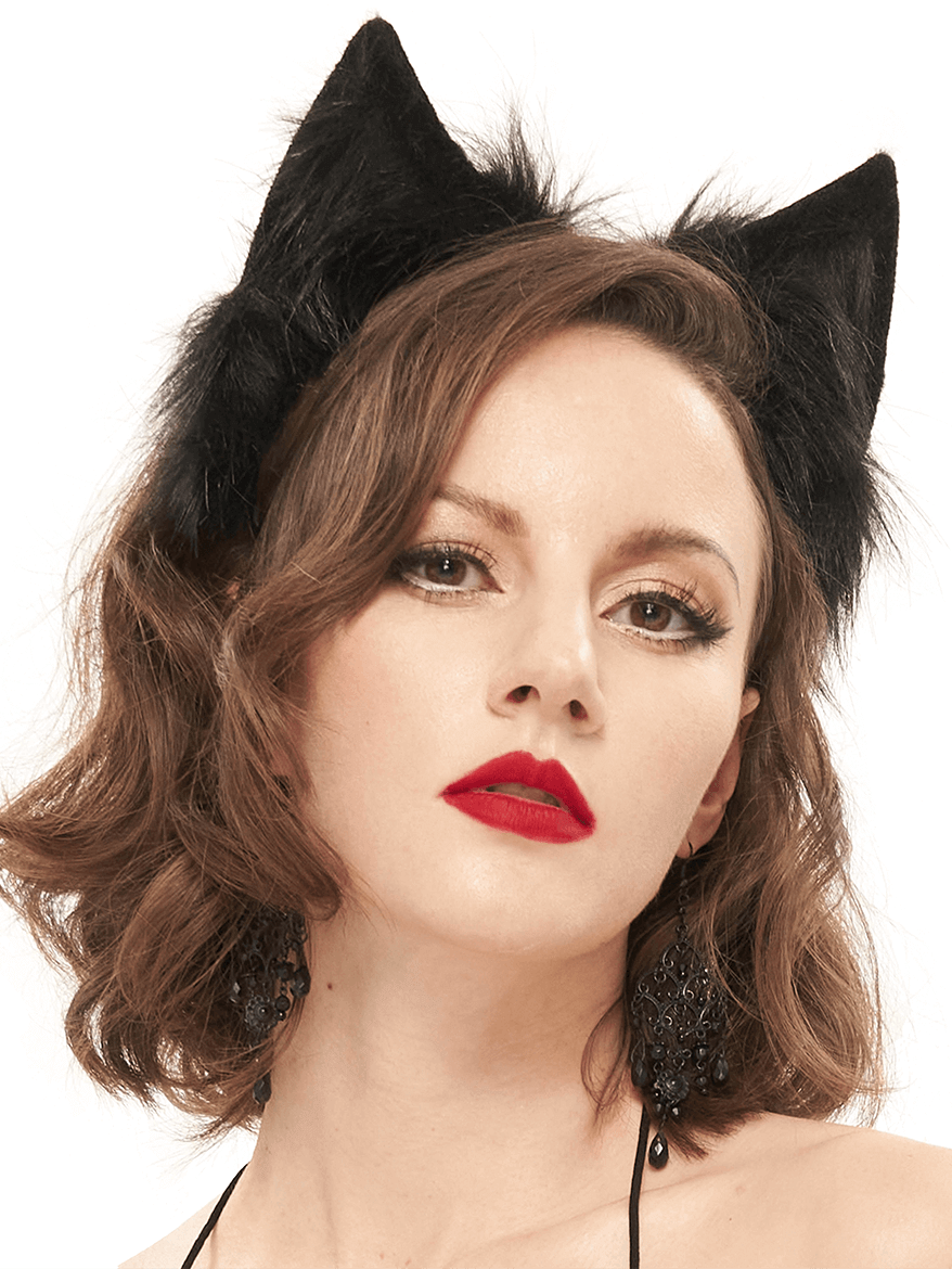 Gothic faux fur cat ears headdress on a model with wavy hair and bold red lips, perfect head accessory for women.