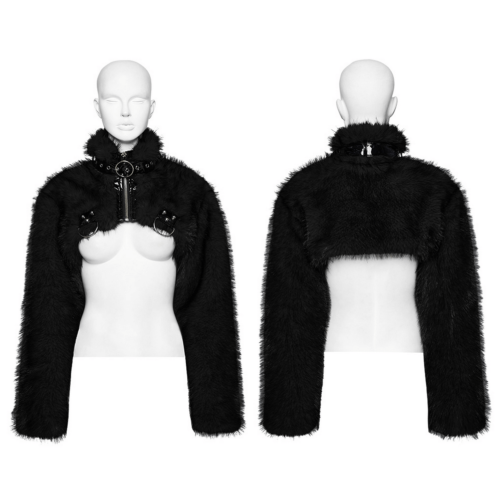 Gothic faux fur cropped jacket with zipper, rivets, and punk style details, showcasing trendy black faux fur look.