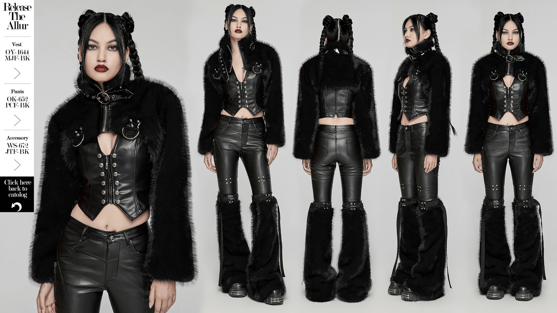 Gothic faux fur cropped jacket with zipper and rivets, styled with punk-inspired leather pants, exuding edgy fashion.