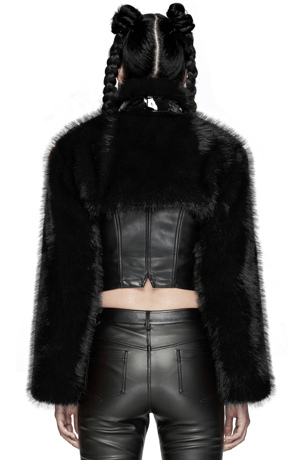 Back view of a gothic faux fur cropped jacket with patent leather details, showcasing its edgy design.