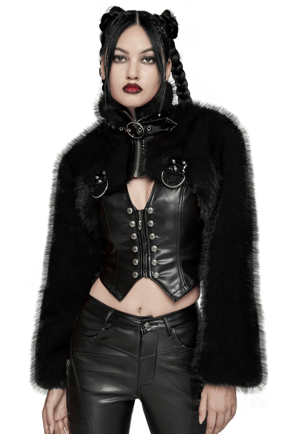 Gothic faux fur cropped jacket with patent leather details, showcasing a punk-inspired edgy style.