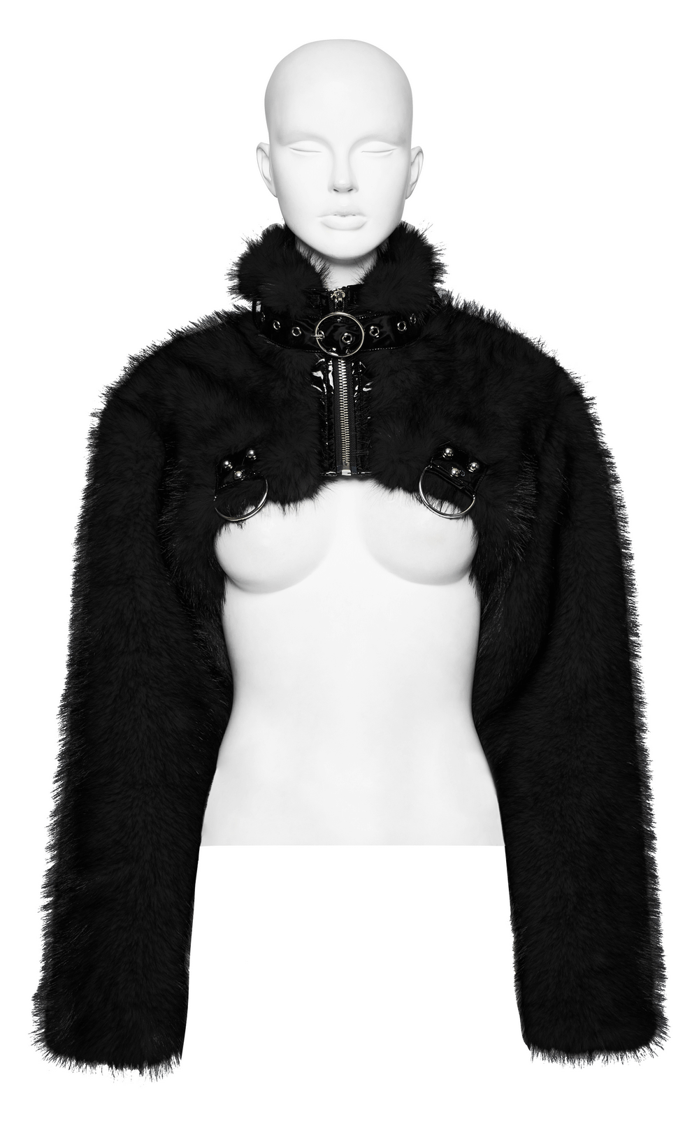 Gothic faux fur cropped jacket on mannequin with patent leather detail and rivets, showcasing edgy punk style.