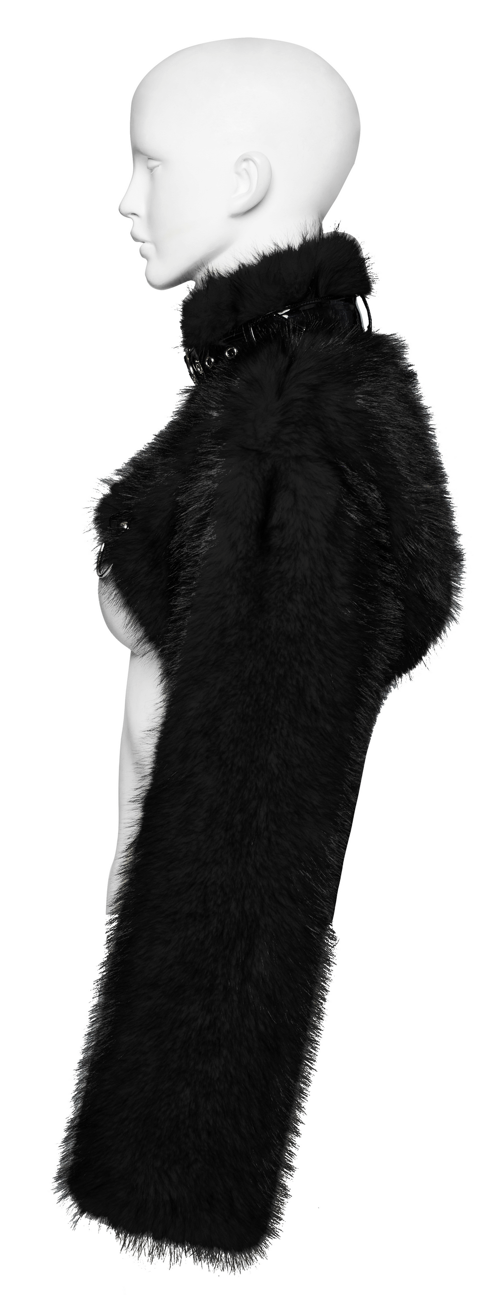 Gothic faux fur cropped jacket with stand collar, zipper, and rivet details on a mannequin.