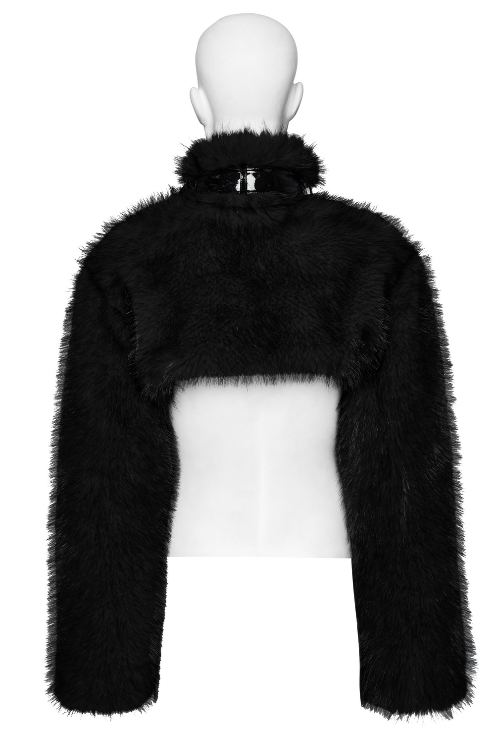 Back view of a Gothic faux fur cropped jacket with collar and zipper details, showcasing its edgy design.