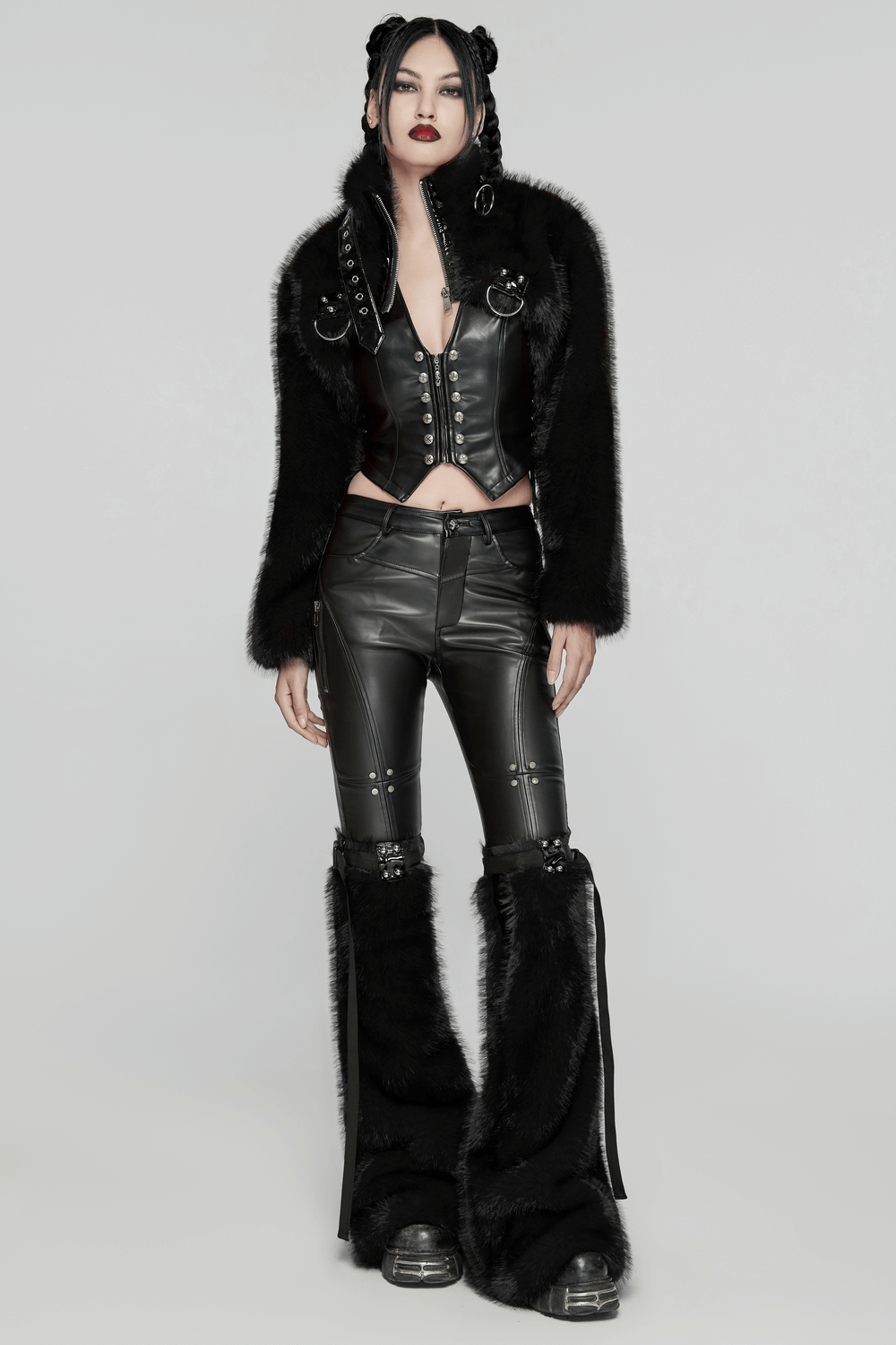 Gothic faux fur cropped jacket paired with sleek leather pants, showcasing a punk-inspired edgy fashion style.