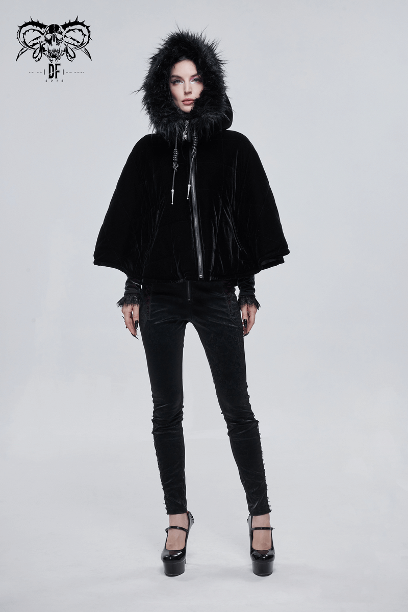 Gothic faux fur hooded cape for women, stylish black short zipper cape, alternative female clothing.