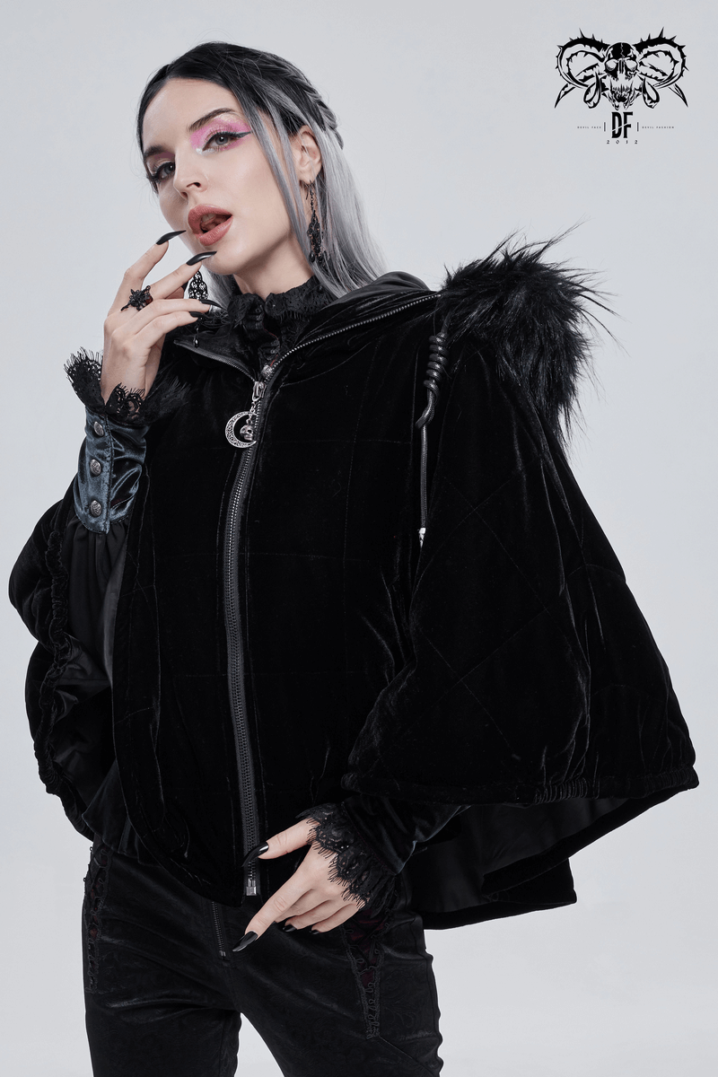 Stylish gothic women's black faux fur hooded cape with zipper, perfect for alternative fashion lovers.