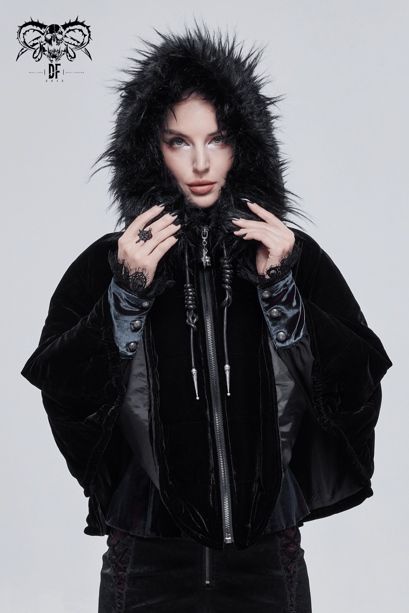 Gothic black faux fur hooded cape for women, stylish alternative clothing with a retro cut and fur details.