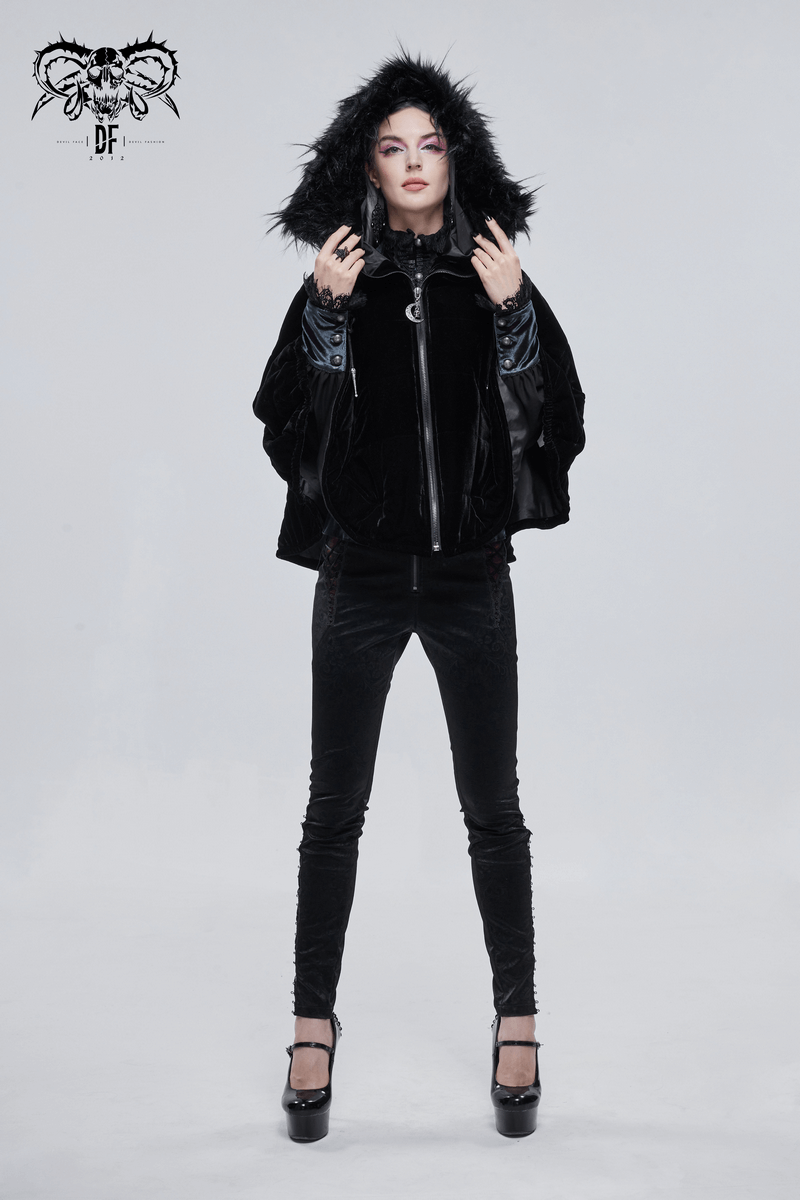 Stylish black gothic faux fur hooded cape on model, showcasing alternative women's fashion with a retro vibe.