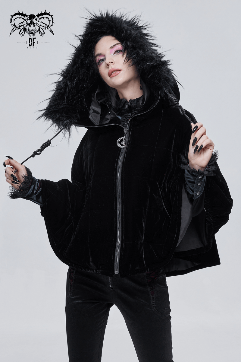 Stylish model wearing a black Gothic faux fur hooded cape, showcasing alternative women's fashion.