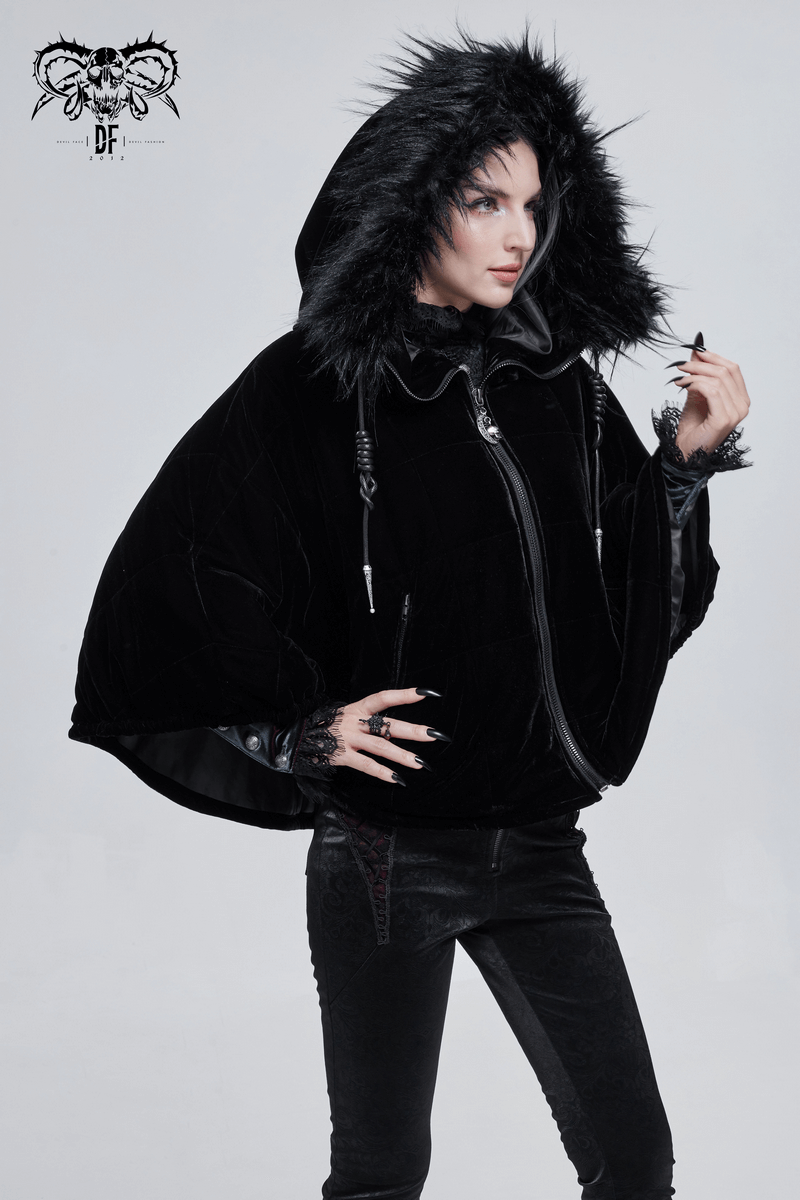 Gothic Faux Fur Hooded Cape / Warm Short Zipper Cape for Women / Alternative Female Clothing - HARD'N'HEAVY