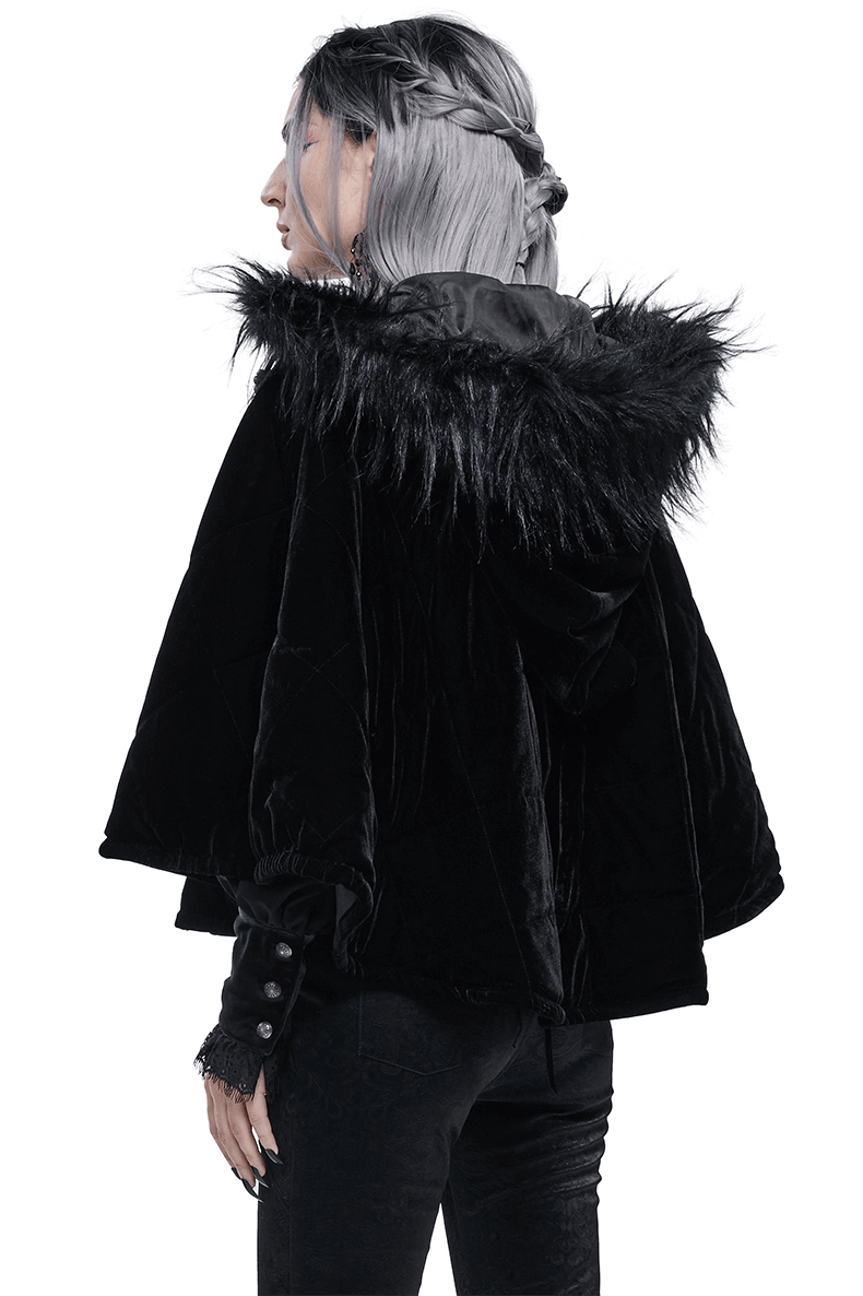 Gothic Faux Fur Hooded Cape / Warm Short Zipper Cape for Women / Alternative Female Clothing - HARD'N'HEAVY