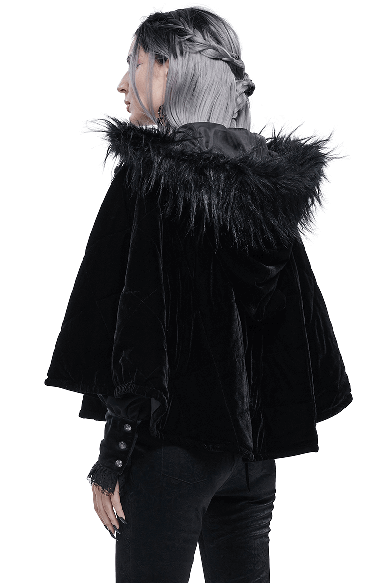 Back view of a woman wearing a Gothic faux fur hooded cape, showcasing its stylish black design and fur-lined hood.