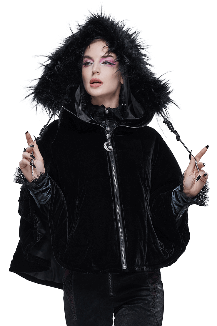 Gothic Faux Fur Hooded Cape / Warm Short Zipper Cape for Women / Alternative Female Clothing - HARD'N'HEAVY