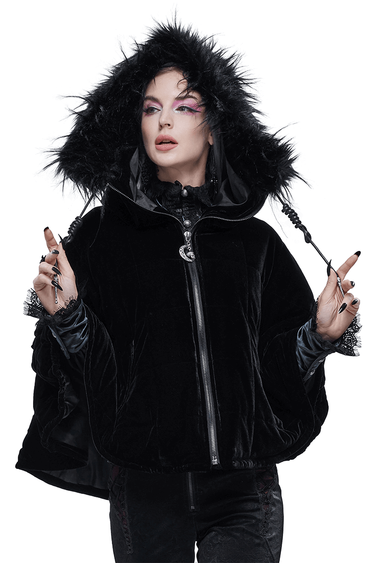 Gothic women's black faux fur hooded cape with zipper, perfect for alternative fashion enthusiasts.