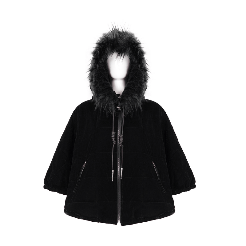 Gothic faux fur hooded cape for women, stylish black short zipper cape, alternative clothing.