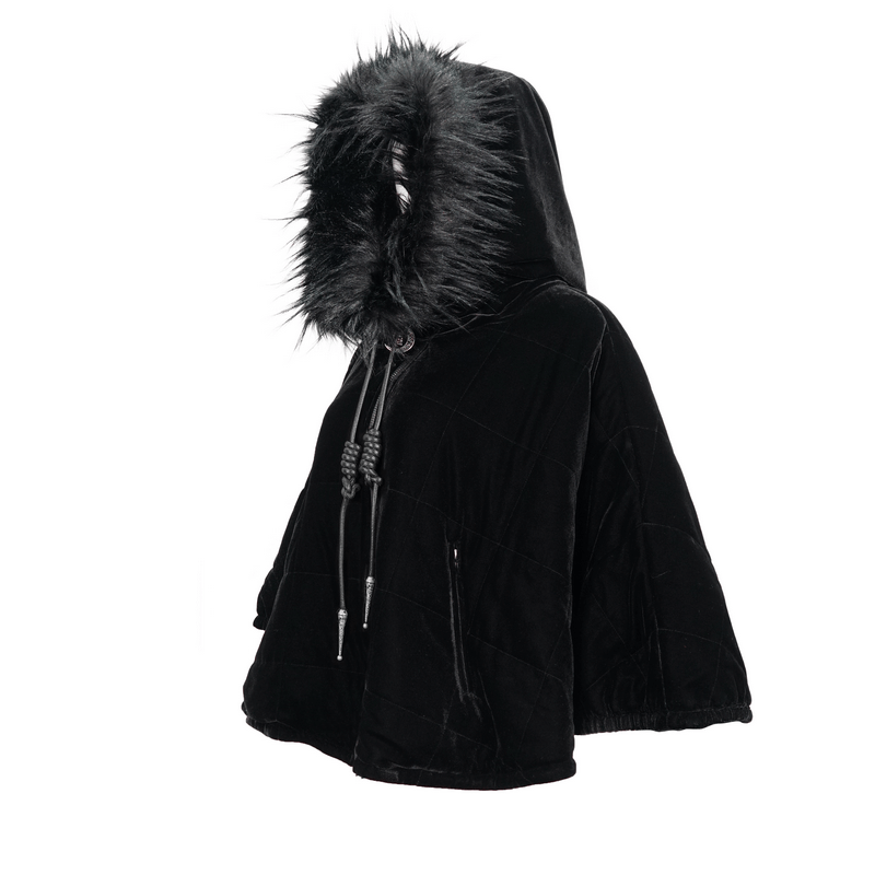 Stylish black hooded cape with faux fur trim, perfect for gothic fashion lovers, featuring a cozy design for women.