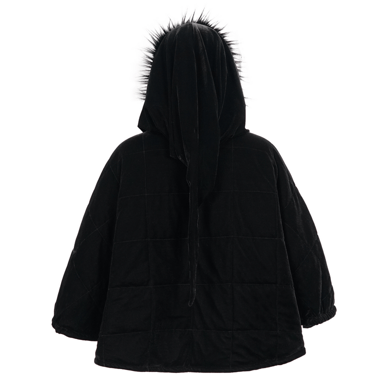 Back view of a women's black gothic faux fur hooded cape with stylish design and warm features.
