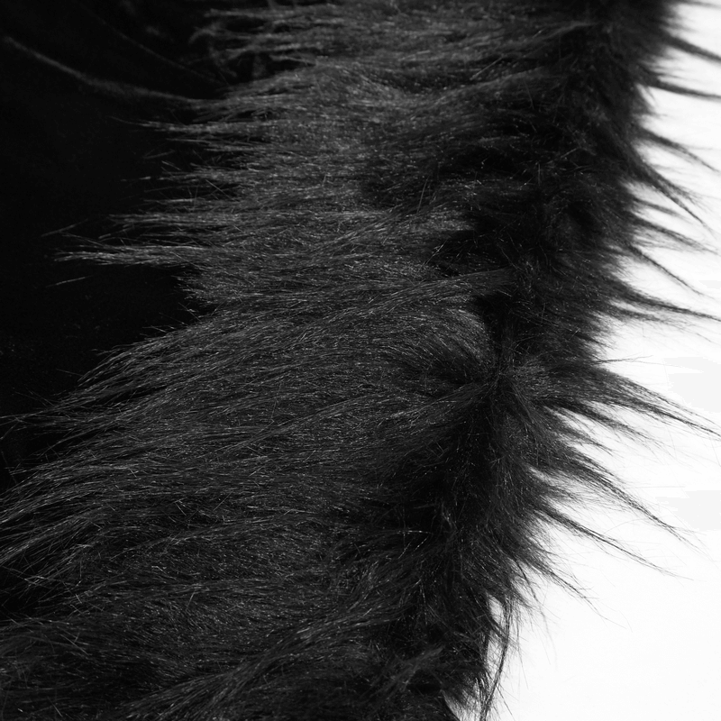Close-up of luxurious black faux fur trim on a women's gothic hooded cape, showcasing its stylish texture and detail.