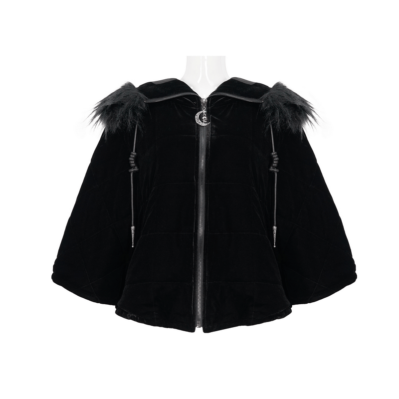 Gothic faux fur hooded cape for women - stylish black short zipper cape with retro cut and cozy hood.