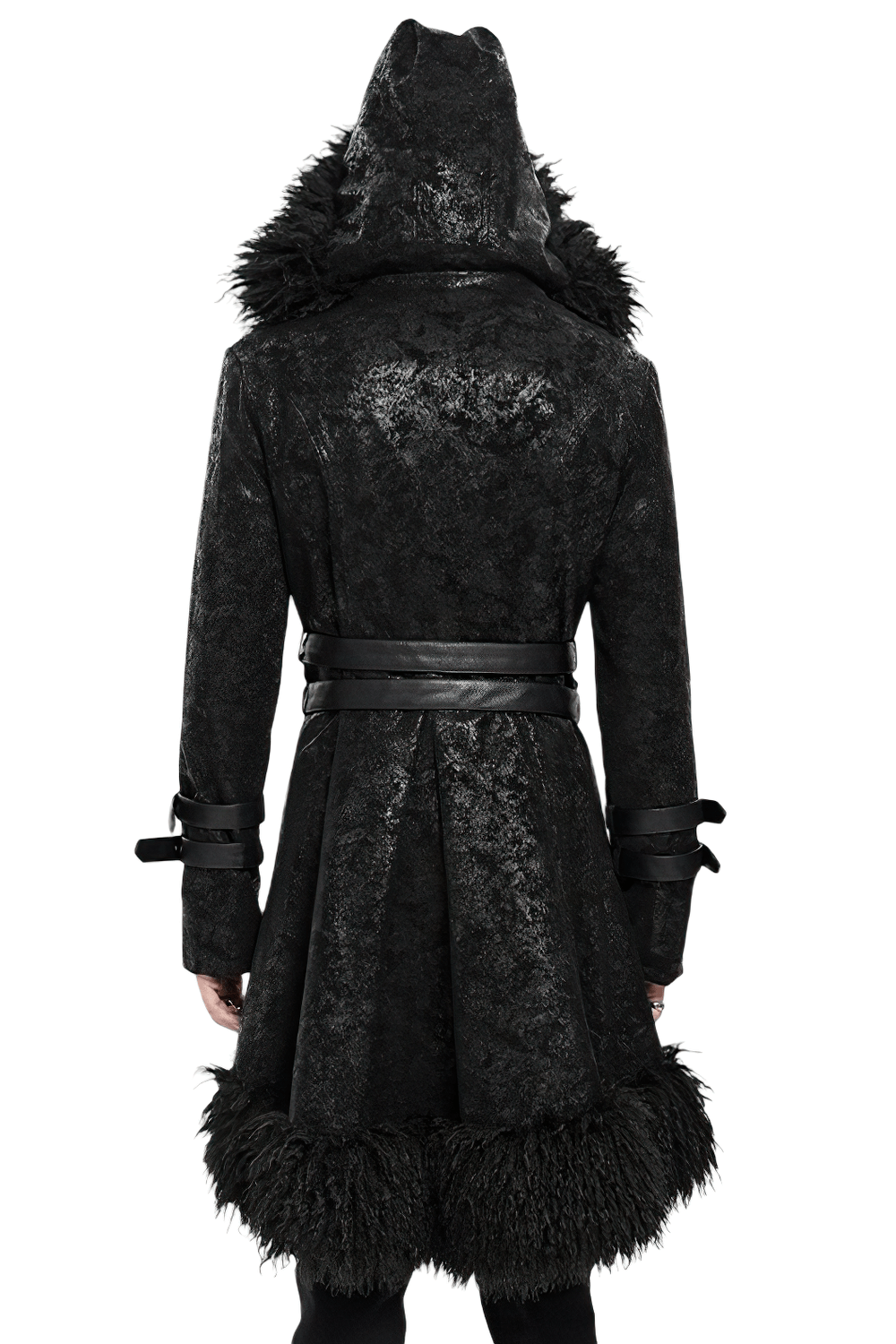 Gothic Faux Fur Hooded Trench Coat with Straps and Belts showcasing textured fabric and dramatic hood from the back.