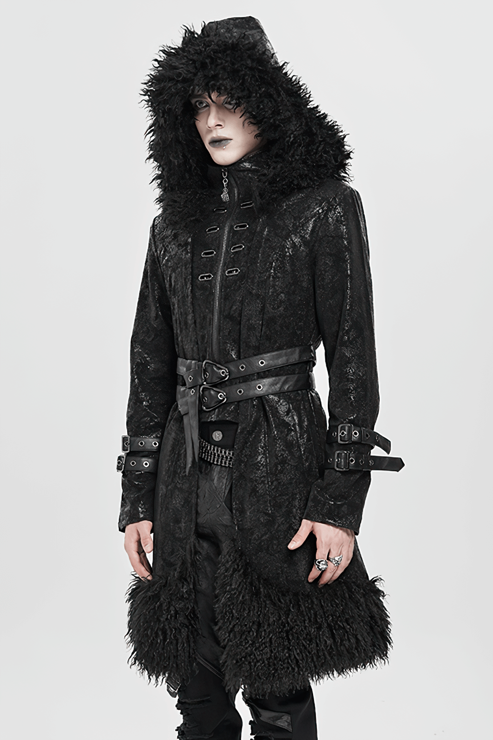 Gothic Faux Fur Hooded Trench Coat with Straps and Belts featuring faux fur trim and dramatic hood.